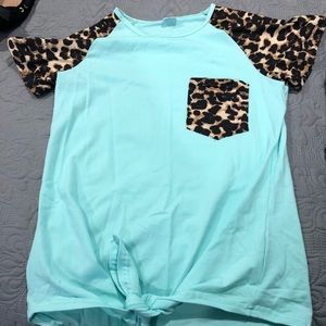 Teal and leopard tie front shirt